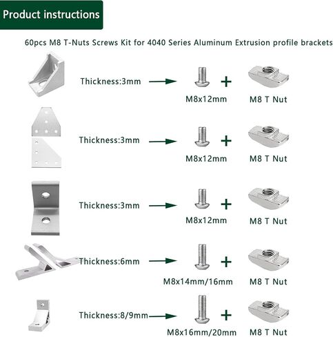 60Pcs 4040 Aluminum Extrusion Hardware Accessories, M8 T Nuts scerws kit for 4040 T Slot Rail Aluminum Extrusion Connectors in Saudi Arabia