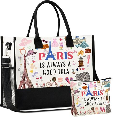 InnoBeta Paris Gifts, Paris Gifts for Women Canvas Tote Bag with Top Zipper Closure and Shoulder Strap in Saudi Arabia