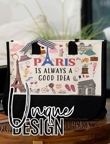 InnoBeta Paris Gifts, Paris Gifts for Women Canvas Tote Bag with Top Zipper Closure and Shoulder Strap in Saudi Arabia