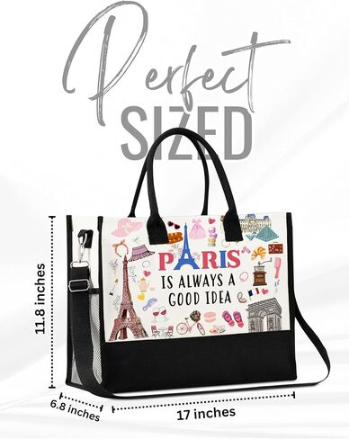 InnoBeta Paris Gifts, Paris Gifts for Women Canvas Tote Bag with Top Zipper Closure and Shoulder Strap in Saudi Arabia