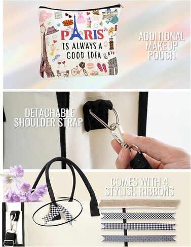 InnoBeta Paris Gifts, Paris Gifts for Women Canvas Tote Bag with Top Zipper Closure and Shoulder Strap in Saudi Arabia