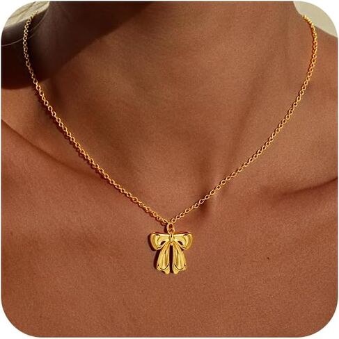 Dainty Bow Gold Necklaces for Women Non Tarnish - 14k Gold Plated Pendant Necklace Trendy Cute Simple Statement Charm Bow Chain Necklace Gold Jewelry for Women Birthday Christmas Gift in Saudi Arabia