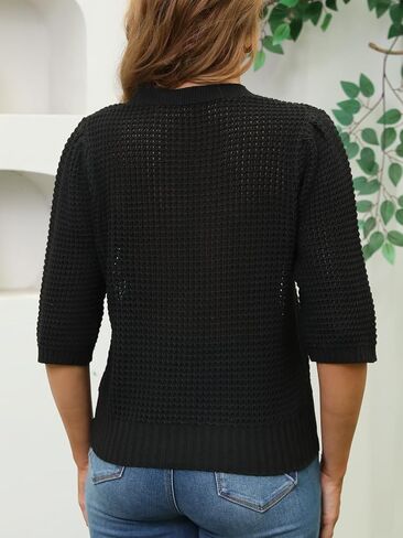 Women's Puff Short Sleeve Sweater Waffle Knit Top 2025 Spring Summer Trendy Cropped Sweater Cute Blouse in Saudi Arabia