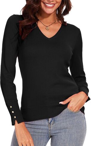 Spicy Sandia Women's V Neck Sweaters Long Sleeve Lightweight Pullover Knit Shirt Essential Top Dressy Casual in Saudi Arabia