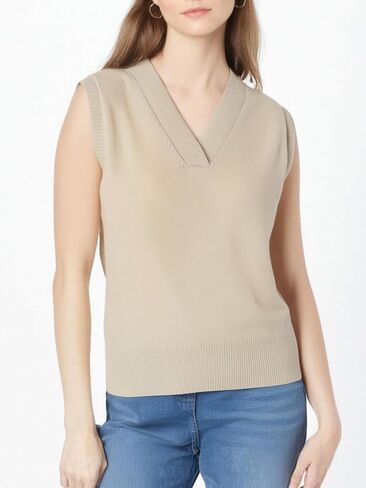 Wowcarbazole Women's V Neck Sweater Vest Sleeveless Ribbed Knit Pullover JK Uniform Classic Basic Tank Tops in Kuwait