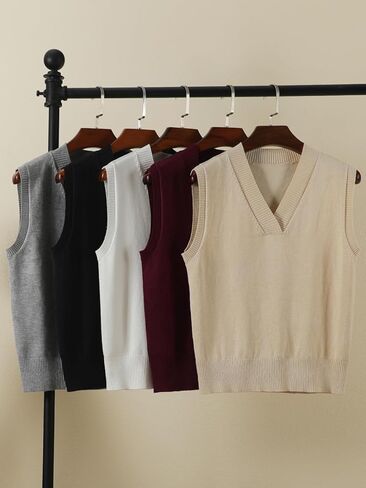 Wowcarbazole Women's V Neck Sweater Vest Sleeveless Ribbed Knit Pullover JK Uniform Classic Basic Tank Tops in Kuwait
