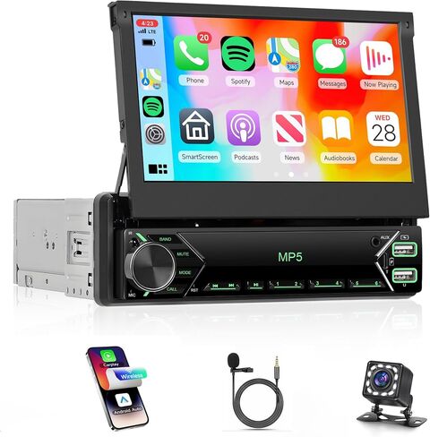 Rimoody Car Stereo Single Din Touchscreen CARPLAY, 7 Inch Flip Out Car Radio 1 DIN with Bluetooth FM Radio Mirror Link for Android/iOS Phone Support TF/USB + Rear View Camera in Saudi Arabia