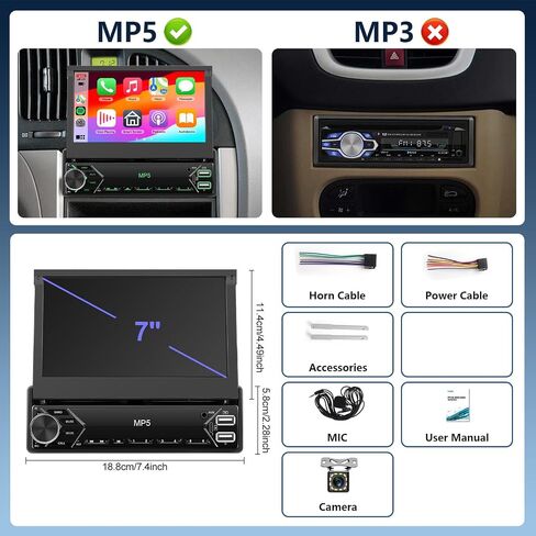 Rimoody Car Stereo Single Din Touchscreen CARPLAY, 7 Inch Flip Out Car Radio 1 DIN with Bluetooth FM Radio Mirror Link for Android/iOS Phone Support TF/USB + Rear View Camera in Saudi Arabia