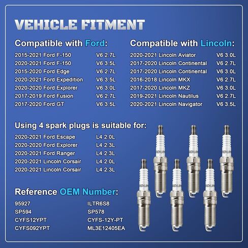Iridium Platinum Spark Plugs 6 Pack 95927 ILTR6S8 Compatible with 2015-2021 Ford F150 2.7 Edge 2015 2016 2017 2018 2019 2020 2021, Fusion 2.7L 2017-2019 & Lincoln Navigator 2020 2021 in Saudi Arabia