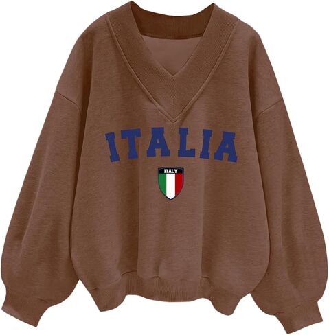 WDIRARA Women's V Neck Letter Graphic Oversized Sweatshirt Long Sleeve Drop Shoulder Pullover Top in Saudi Arabia