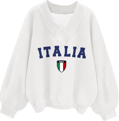 WDIRARA Women's V Neck Letter Graphic Oversized Sweatshirt Long Sleeve Drop Shoulder Pullover Top in Saudi Arabia