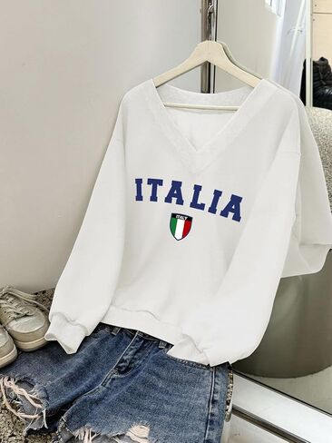 WDIRARA Women's V Neck Letter Graphic Oversized Sweatshirt Long Sleeve Drop Shoulder Pullover Top in Saudi Arabia