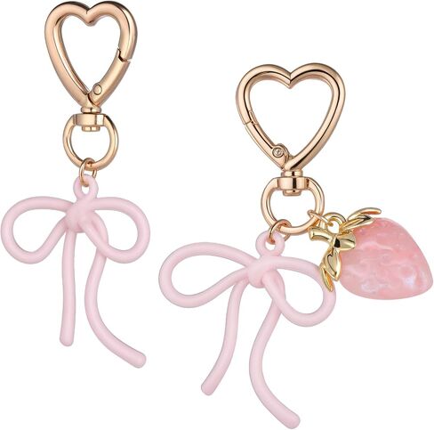 2Pcs Cute Bow Strawberry Keychain for Women, Metal Pink Bow Girls Bag Charm Key Chain Accessories, Heart Keychains Decor for Purse Handbag in Saudi Arabia
