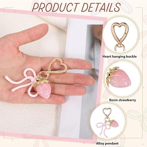 2Pcs Cute Bow Strawberry Keychain for Women, Metal Pink Bow Girls Bag Charm Key Chain Accessories, Heart Keychains Decor for Purse Handbag in Saudi Arabia