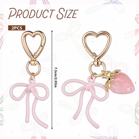 2Pcs Cute Bow Strawberry Keychain for Women, Metal Pink Bow Girls Bag Charm Key Chain Accessories, Heart Keychains Decor for Purse Handbag in Saudi Arabia