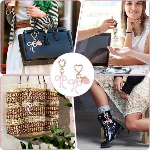 2Pcs Cute Bow Strawberry Keychain for Women, Metal Pink Bow Girls Bag Charm Key Chain Accessories, Heart Keychains Decor for Purse Handbag in Saudi Arabia
