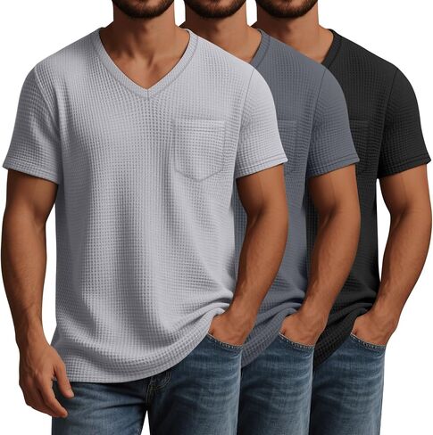 Huukeay 3 Pack Men's Waffle Derts v Teee مع جيب قصير الأكمام القصيرة الصيفية المحبوك in Saudi Arabia