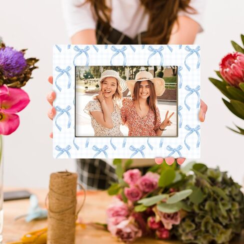 Blue Bow Plaid Gifts Picture Frame, Preppy Coquette Girly Gifts for Girlfriend Teen Girls Friend Sister Besties, Funky Ribbon Aesthetic Photo Frame 4x6 Horizontal Photo for Tabletop Display in Kuwait