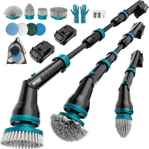 2 Battery Electric Spin Scrubber, 1000RPM Cordless Cleaning Brush Waterproof with 20V Power Supplied, Adjustable Extension Handle, 4 Replaceable Cleaning Heads, Hook, Gloves - for Tub/Tile/Wall/Floor in Kuwait