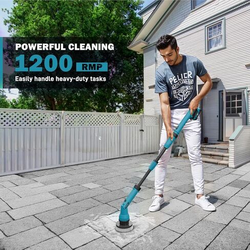2 Battery Electric Spin Scrubber, 1000RPM Cordless Cleaning Brush Waterproof with 20V Power Supplied, Adjustable Extension Handle, 4 Replaceable Cleaning Heads, Hook, Gloves - for Tub/Tile/Wall/Floor in Kuwait