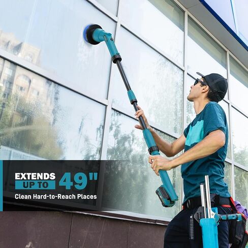 2 Battery Electric Spin Scrubber, 1000RPM Cordless Cleaning Brush Waterproof with 20V Power Supplied, Adjustable Extension Handle, 4 Replaceable Cleaning Heads, Hook, Gloves - for Tub/Tile/Wall/Floor in Kuwait