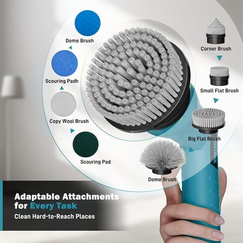 2 Battery Electric Spin Scrubber, 1000RPM Cordless Cleaning Brush Waterproof with 20V Power Supplied, Adjustable Extension Handle, 4 Replaceable Cleaning Heads, Hook, Gloves - for Tub/Tile/Wall/Floor in Kuwait