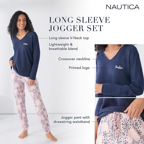 Nautica 2 قطعة مزيج طويل الأكمام V-Neck Top & Jogger Pajama مجموعة للنساء والقطن الخفيف والقطن والبوليستر للتنفس in Saudi Arabia