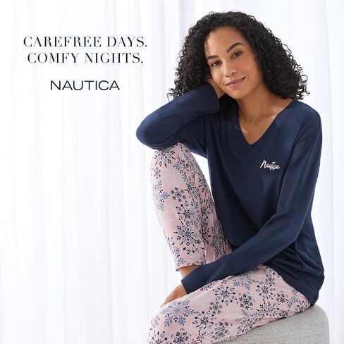 Nautica 2 قطعة مزيج طويل الأكمام V-Neck Top & Jogger Pajama مجموعة للنساء والقطن الخفيف والقطن والبوليستر للتنفس in Saudi Arabia
