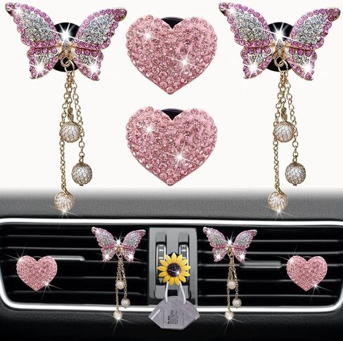 4 PCS HEART PINK و Butterfly Pandent Air Vent Clips ، Bling Heart Air Criteners Vents Clips Diamond Car Interior Decor in Saudi Arabia
