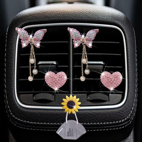4 PCS HEART PINK و Butterfly Pandent Air Vent Clips ، Bling Heart Air Criteners Vents Clips Diamond Car Interior Decor in Saudi Arabia