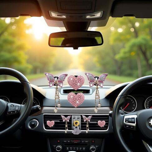 4 PCS HEART PINK و Butterfly Pandent Air Vent Clips ، Bling Heart Air Criteners Vents Clips Diamond Car Interior Decor in Saudi Arabia