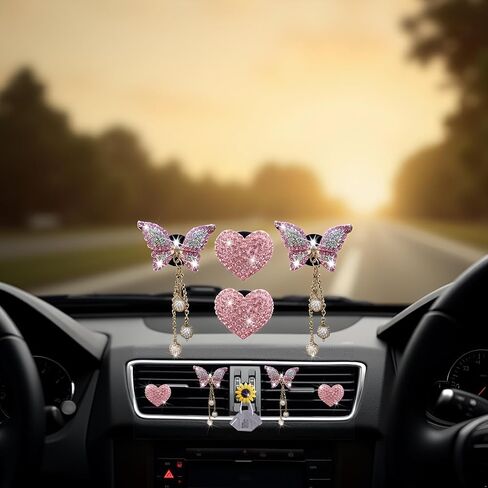 4 PCS HEART PINK و Butterfly Pandent Air Vent Clips ، Bling Heart Air Criteners Vents Clips Diamond Car Interior Decor in Saudi Arabia