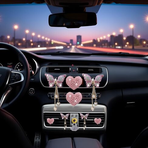4 PCS HEART PINK و Butterfly Pandent Air Vent Clips ، Bling Heart Air Criteners Vents Clips Diamond Car Interior Decor in Saudi Arabia