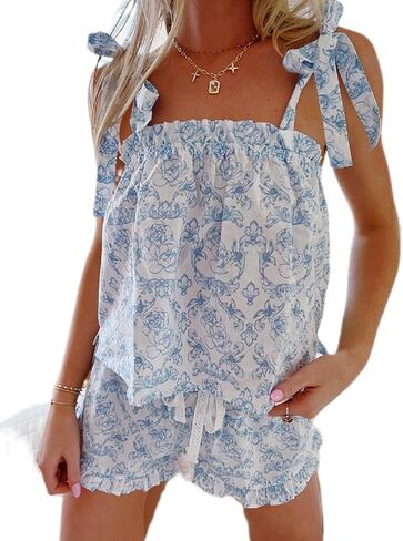 Women 2 Piece Pajama Set Tie Shoulder Peplum Cami Top Ruffle Coquette Pj Set Floral Babydoll 2 Piece Shorts Outfit in Saudi Arabia