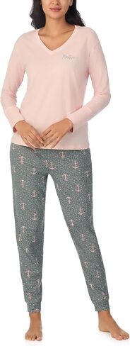 Nautica 2 قطعة مزيج طويل الأكمام V-Neck Top & Jogger Pajama مجموعة للنساء والقطن الخفيف والقطن والبوليستر للتنفس in Saudi Arabia