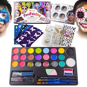 20-Color Face Painting Kit for Kids: Non-Toxic Water-Based Paints with Professional Tutorial Book (50 Designs), Stencils, Glitters, Hair Chalks & Brushes