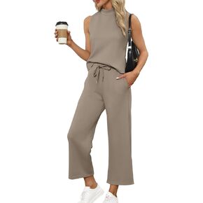 SAMPEEL Two Piece Sets for Women Summer Outfits Lounge Sets Mock Neck Tops Wide Leg Crop Pants Vacation Travel Outfits
