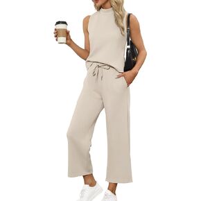 SAMPEEL Two Piece Sets for Women Summer Outfits Lounge Sets Mock Neck Tops Wide Leg Crop Pants Vacation Travel Outfits