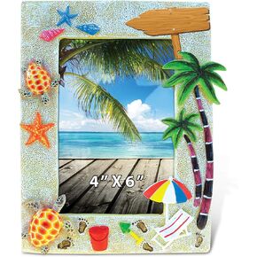 Puzzled Resin “Sunny Beach" Picture Frame, 4 X 6 Inch Sculptural Photo Holder Intricate & Meticulous Detailing Art Handcrafted Tabletop Accent Home Décor
