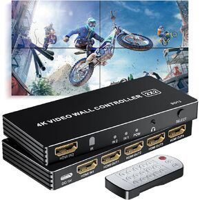 4K HDMI Video Wall Controller 2x2, LUKFOCAB 2 in 4 Out TV Wall Controller with IR Remote, Supports 180 Degree Rotate, 8 Splicing Display Modes Processor 2x2, 1x2, 1x3, 1x4, 2x1, 3x1, 4x1