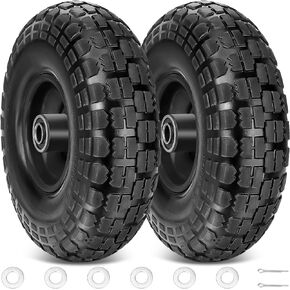 TICONN 4.10/3.50-4" Tire and Wheel Flat Free, 2 Pack 10" Solid Rubber Tires with 5/8" Axle Bore Hole and Double Sealed Bearings, Perfect for Wheelbarrow, Garden Cart, Wagon, Dolly (Black, 2PK)