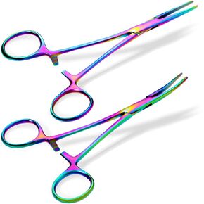 2 Pieces Hemostat Curved and Straight Hemostat Forceps Piercing Pliers Forceps, Stainless Steel Straight and Curved Pliers, Fishing Tweezer Hemostats (Rainbow, 7.1 Inch)