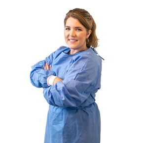 10-Pack Level 2 Disposable Isolation Gown Baluster Fully Closed Double Tie Neck and Waist, SMS 35g, Knitted Cuffs, Blue, Unisex