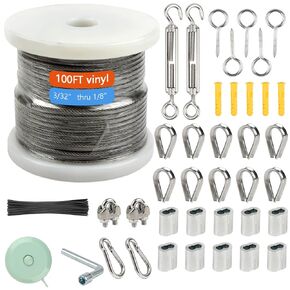 1/8" Wire Rope Kit，Steel Wire Cable，200FT Turnbuckles for Cables Wire，Vinyl Coated Stainless Steel Cable Wire for Outdoor,Garden,Kitchen,Craft with Turnbuckle