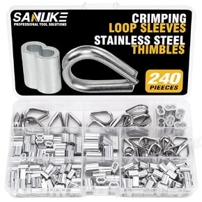 Sanuke 340PCS Stainless Steel Wire Rope Cable Thimbles Aluminum Crimping Loop Sleeve 3/64'' 1/16'' 5/64'' 3/32'' 3/16'' for Wire Rope Cable Thimbles Rigging