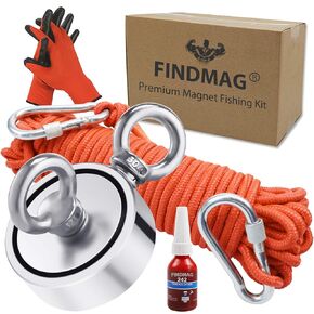 FINDMAG Double Sided Magnet Fishing Kit with Rope, Fishing Magnets 1000 lbs Pulling Force Magnet Fishing Kit for Retrieving Items in River, Lake, Beach, Lawn, 2.95" Diameter