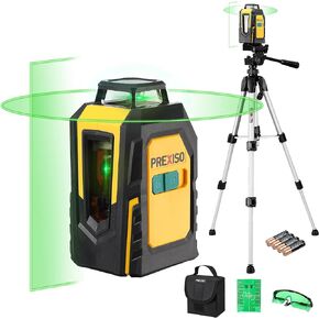 مستوى ليزر PREXISO 360 درجة مع حامل ثلاثي القوائم، خط ليزر متقاطع ذاتي التسوية بطول 100 قدم - خط أفقي أخضر للبناء، بلاط الأرضيات، تجديد مع لوحة الهدف، نظارات خضراء، حقيبة حمل، 4 بطاريات AA