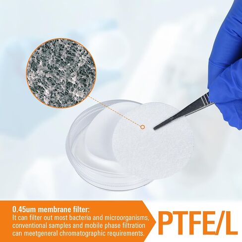 100 قطعة مرشح قرصي بغشاء PTFE، كاره للماء، 47 مم، حجم المسام ميكرون 0.45 ميكرون، توافق كيميائي ممتاز، مثالي بشكل خاص لتشغيل HPLC in Saudi Arabia