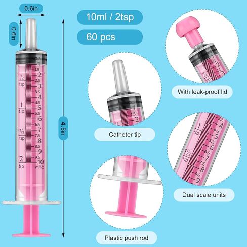 60 Pcs Measurement Syringe with Cap, 10ml/2tsp Sealed Individually Package Color Coded Syringes for Liquid Dispensing, PET and Party Supplies (Pink) in Saudi Arabia