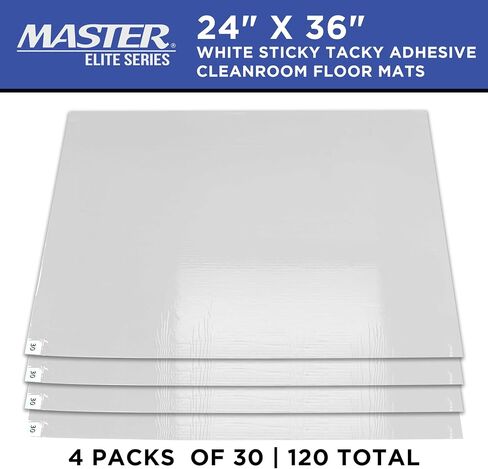 Master Elite Sticky Tacky Adhesive Cleanroom Floor Mats, 24" x 36", 4 Packs of 30 White Sheets Each - for Laboratory, Paint Spray Booth, Construction Sites - Trap Remove Dirt, Shoe & Pet Debris in Saudi Arabia